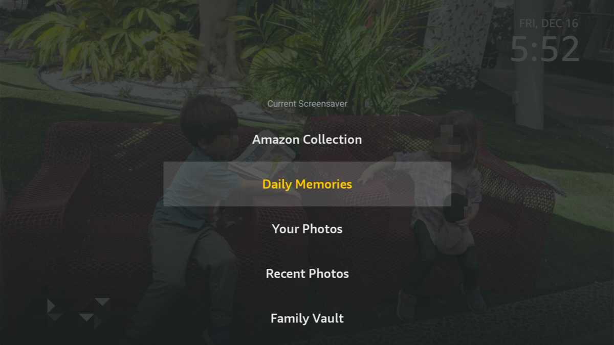 Setting a screensaver on Fire TV, with options including Daily Memories and Recent Photos