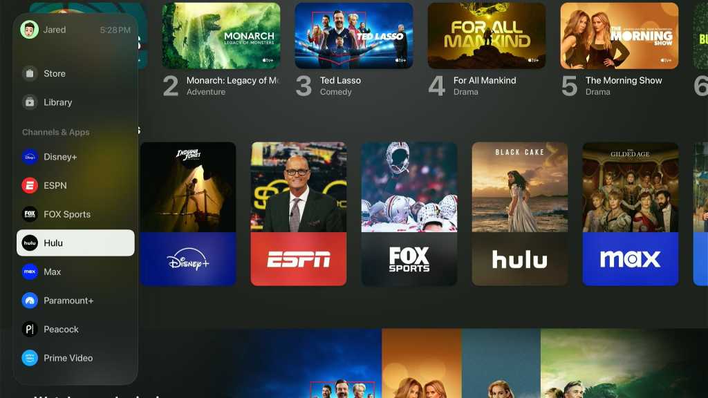 Apple TV app, with a sidebar showing Channels & Apps, plus the same filtering options on the main screen