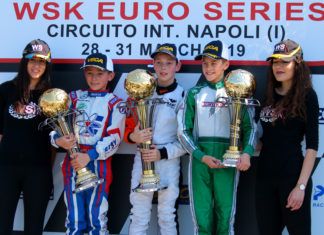 William MacIntyre from Kart Republic (Parolin/TM Racing/Vega) is the winner in the WSK Euro Series at Sarno. Alongside, Alex Powell from Energy and Andrea Filaferro from Newman