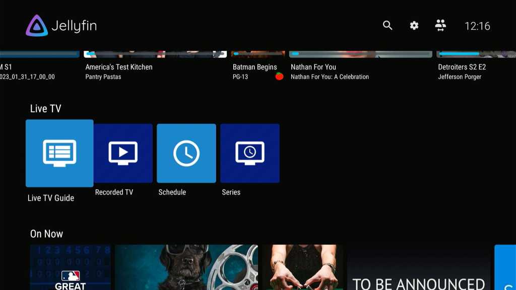 Jellyfin Live TV home screen on Fire TV