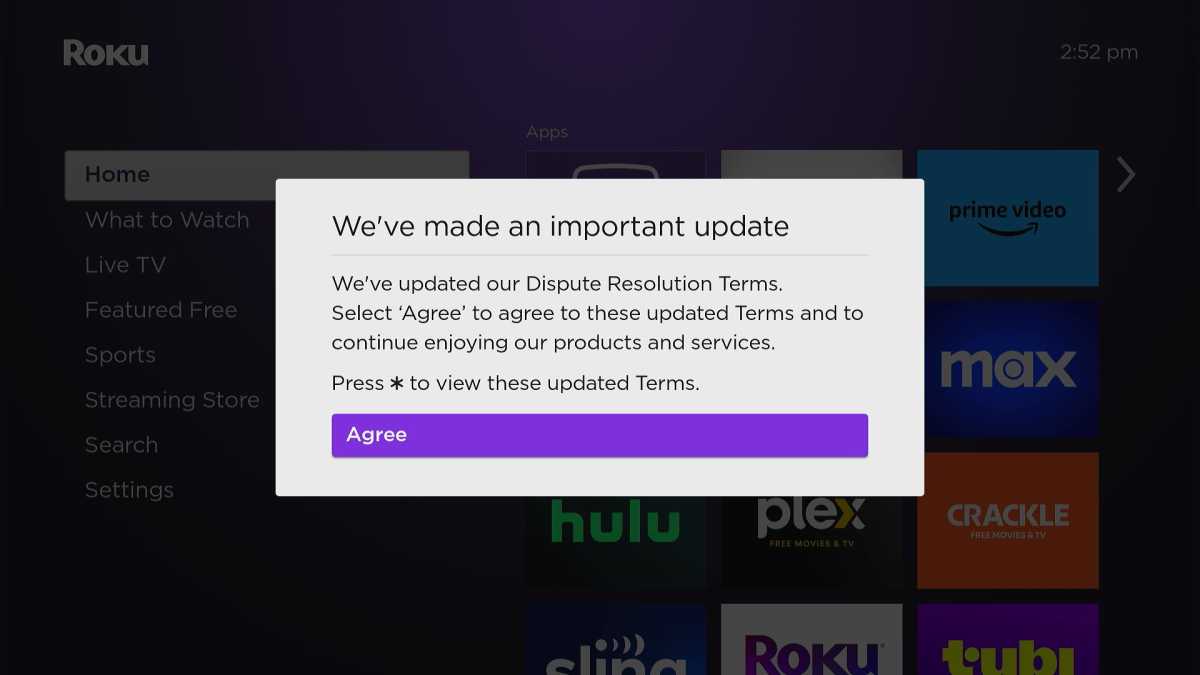 Roku on-screen prompt that says "We've made an important update" and asks users to agree to the terms.