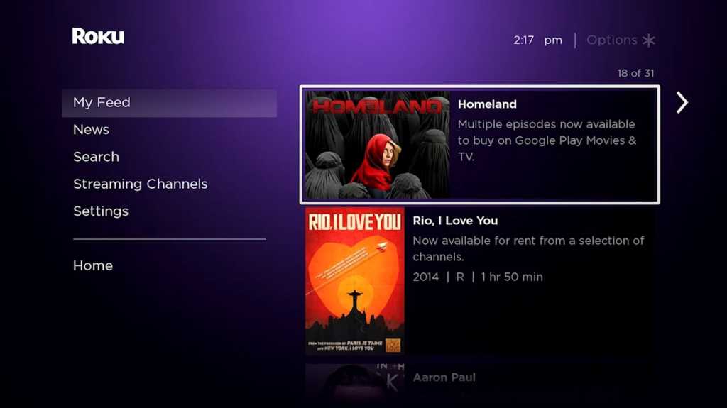 Roku Feed on the home screen, with options for Homeland and Rio, I Love You