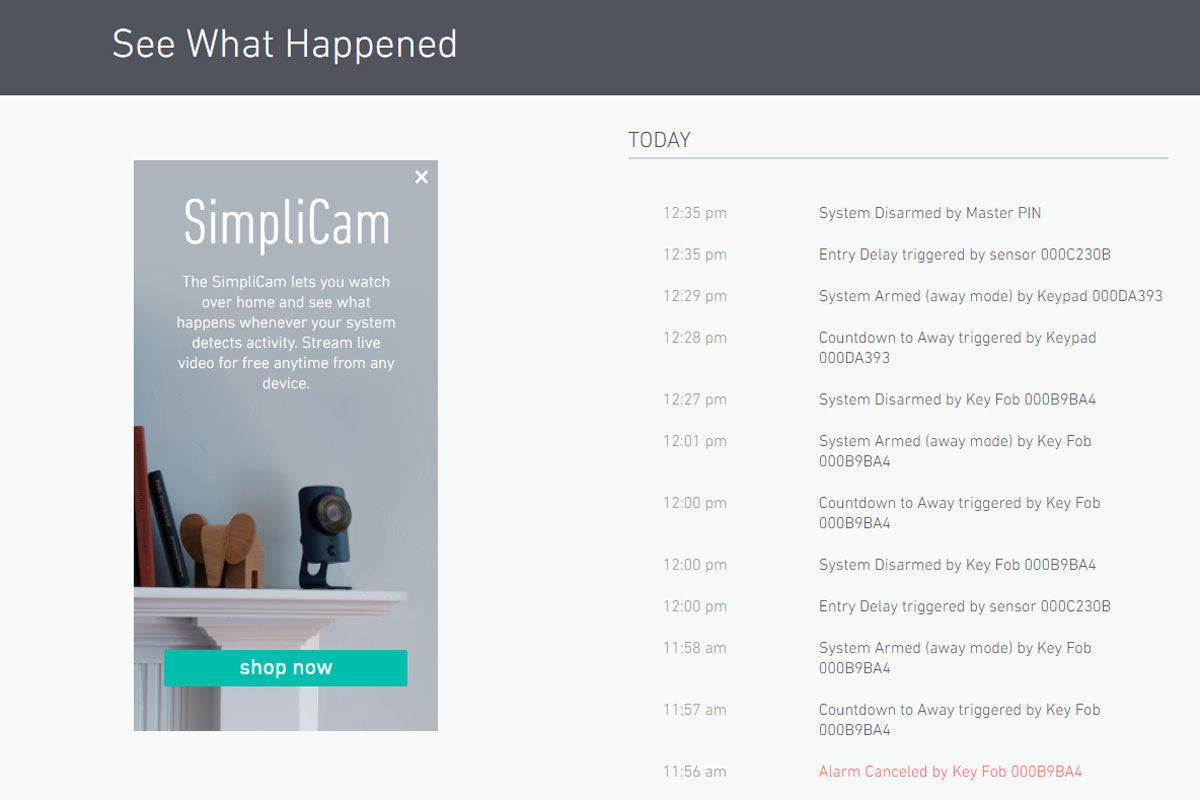 SimpliSafe activity log