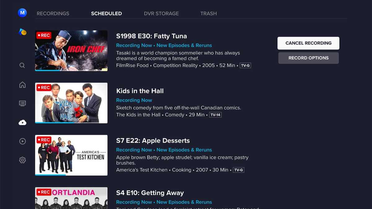 Sling TV DVR "Scheduled" menu