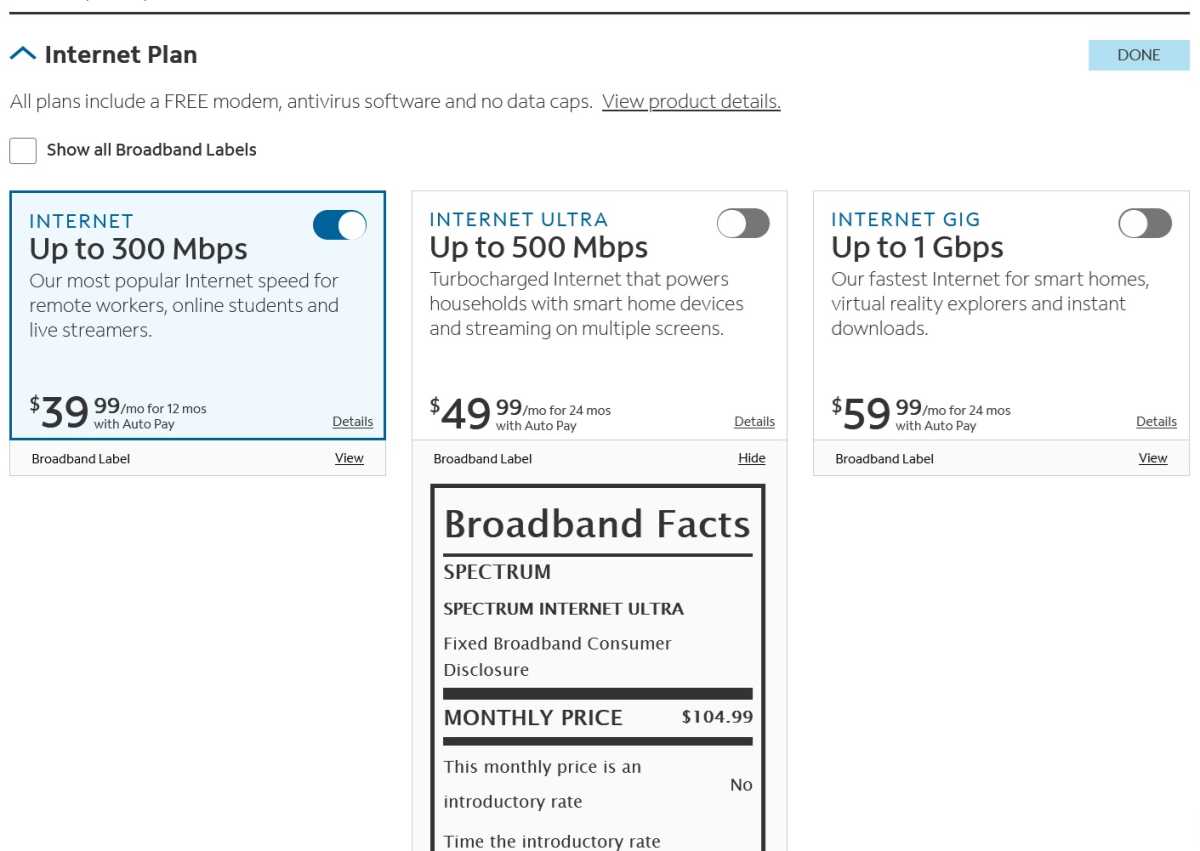 Spectrum plan selection screen with Broadband Facts label