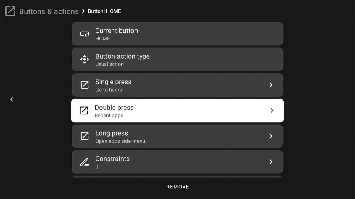 Remapping options for a button with the TVQuickActions Pro app for Android TV