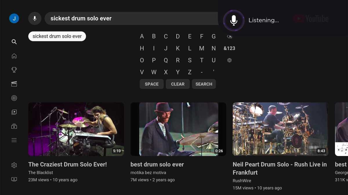 Voice search on Roku in the YouTube app, as indicated by the "Listening" button at the top