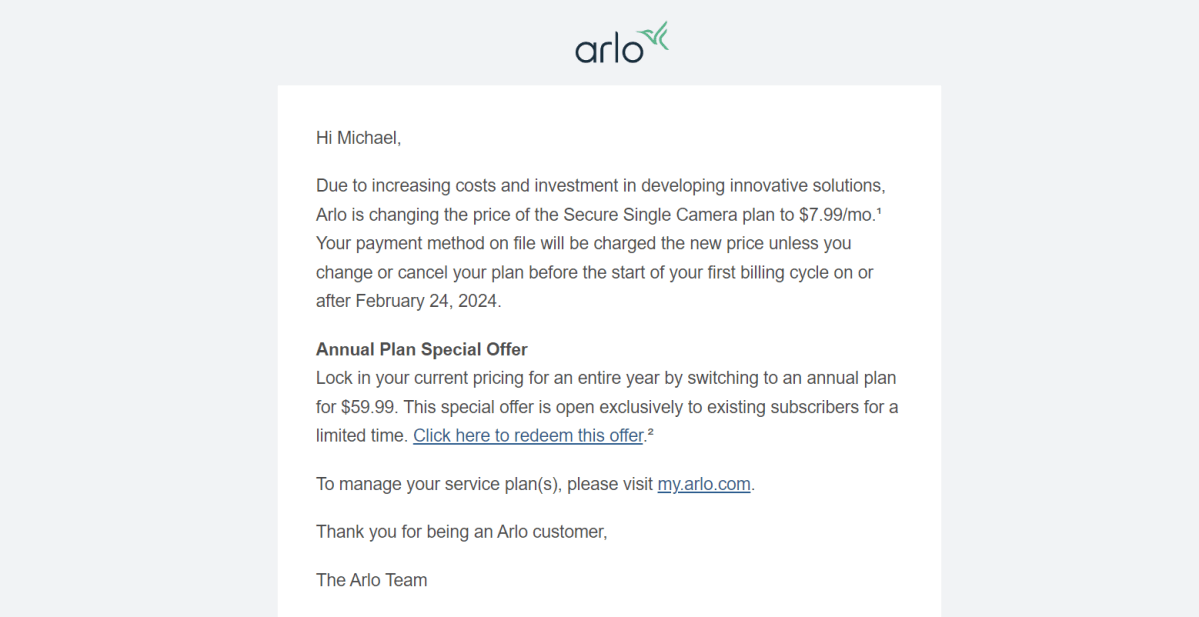 Arlo subscription price hike