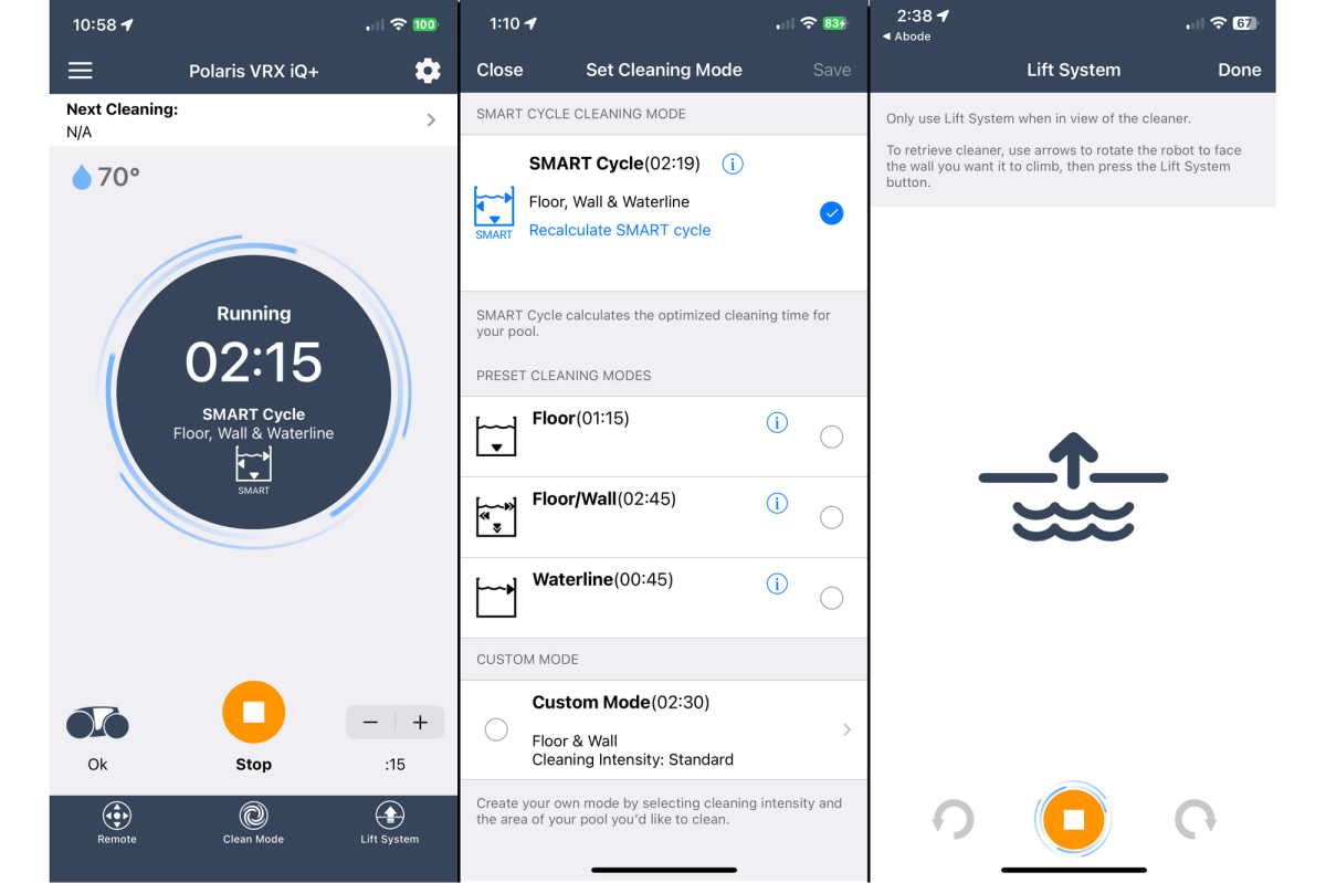 Polaris VRX iQ+ pool-cleaning robot app screenshots